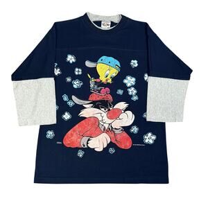 Vintage 1995 Looney Tunes Tweety & Sylvester Elbow Sleeve Shirt Made USA Medium